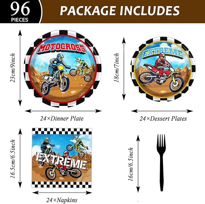 96 Pcs Dirt Bike Motocross Party Tableware Set - Serves 24, Includes Plates, Napkins, Decorations for Boys' Birthday or Baby Shower