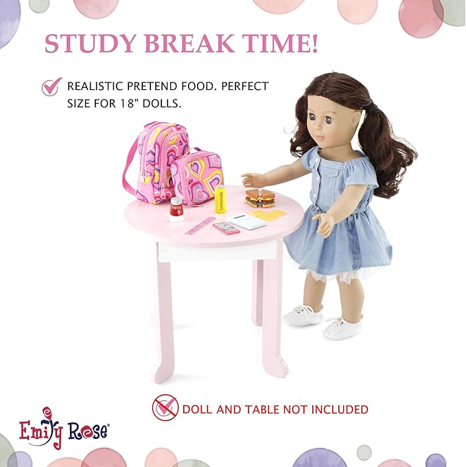 Emily Rose 18-Inch Doll School Essentials 18-PC Set - Backpack, Lunch Box & Working Calculator with Pretend Food - Premium USA Brand - Compatible with American Girl Dolls