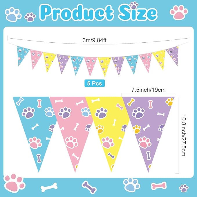 Tiamon 5 Pcs Blue Dog Paw Themed Birthday Banner Decoration Daisy Puppy Print Pennant Bunting 49.2 Ft Puppy Paw Print Triangle Flag for Kids Boy and Girl Birthday Dog Baby Showers Party Decoration