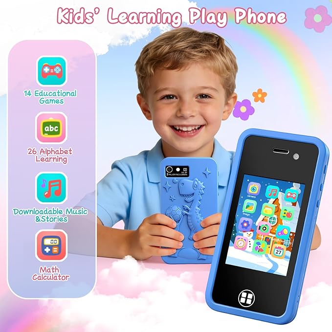 Kids Toy Smart Phone for 4-8 Year Old Boys Girls | Dual Camera, 14 Educational Games, Drop-Proof Fake Phone with MP3 Player & 16GB SD Card, Perfect Christmas Birthday Gift (Blue)
