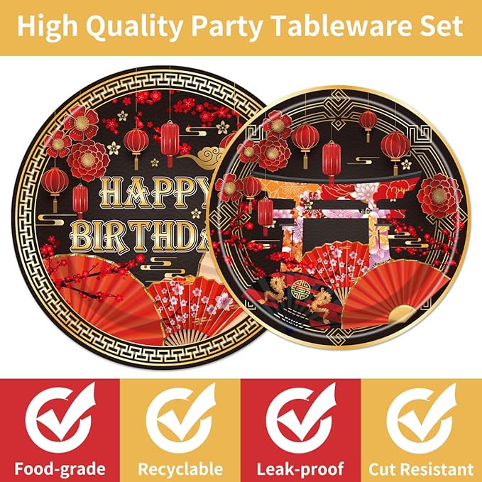 96PCS Hibachi Plates and Napkins Party Supplies Hibachi Japanese Birthday Party Decorations Asian Japanese Style Themed Disposable Paper Tableware Set Serves 24 Guests