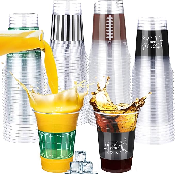 Qinyoung 200 Pcs 16oz Football Party Decorations Football Tailgate Plastic Disposable Clear Cups for Events Sports Birthday Themed Tableware Party Supplies
