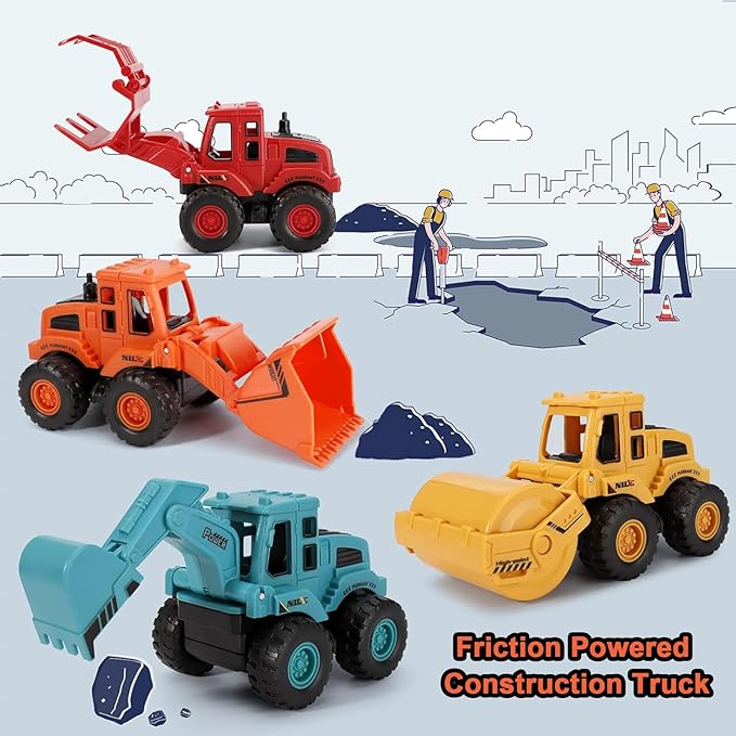 4PCS Construction Toys,Friction Powered Construction Truck Toys Vehicles,Mini Construction Vehicles Toys Sand Truck Toys,Bulldozer Excavator Roller Truck Toys Gift for Kids Boys Girls