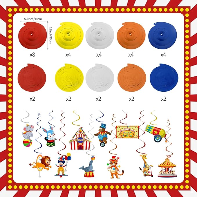 58 Pcs Carnival Circus Theme Party Decorations Circus Animal Hanging Swirl Decorations Carnival Hanging Swirl Ceiling Streamers Decor for Kids Girls Boys Birthday Baby Shower Party Favor