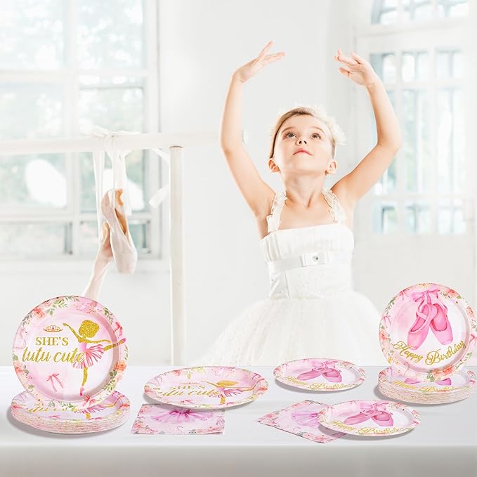 96Pcs Ballerina Birthday Party Decorations Tutu Cute Ballerina Plates and Napkins Tableware Sets Ballet Party Decorations for Girls Bday Baby Dancing Ballet Tutu Cute 2nd Birthday Supplies Serves 24