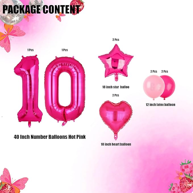 40 Inch Number Balloons Hot Pink 10 Large Number Balloon Anniversary Event Celebration Bachelorette Cowgirl Let's Go Girls Pink Themed 10th Birthday Party Decor Supplies 10 Pcs
