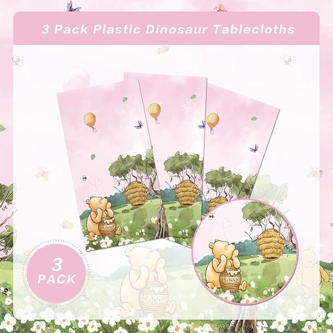 3pcs Party Tablecloth Bear Baby Shower Tablecloths Classic Bear Disposable Thickened Plastic Table Cover for Kids 1st 2rd Baby Party Supplies 54x108Inches (Pink)