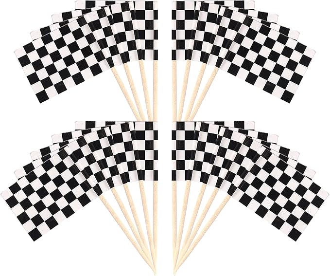 100 Pack Checkered Racing Flag Cupcake Toppers Flag Finish Line Cupcake Picks Flag Race Car Small Mini Cake Decorations Party Supplies Black and White