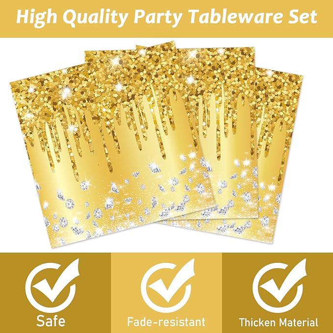 96 PCS Golden Birthday Party Decorations Tableware Set for Golden Themed Happy Birthday Supplies Diamond Gold Plates Napkins Forks for 24 Guests Men Women Anniversary Engagement Wedding Party Favors
