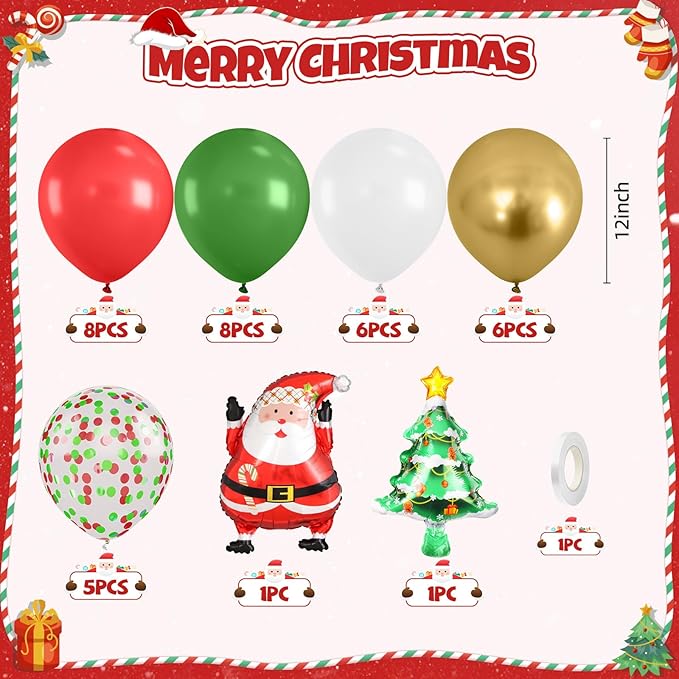 Christmas Balloons,12 Inch Red Green Gold and Christmas Tree Santa Foil Balloon with Ribbon,for Party Xmas Gifts School Classroom Game New Year Decorations