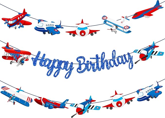 Airplane Birthday Party Supplies Pre-strung Airplane Banner Aviation Theme Birthday Decorations 3PCS Aircraft Plane Party Paper Banners for Helicopter Pilot Baby Shower Supplies
