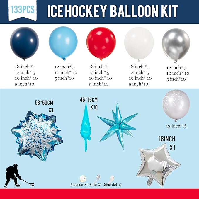 Hockey Birthday Party Decorations & with Red White Blue balloon arch & Snowflake printed Exploding stars Foil balloons for Kids Fans Boys Game Time Winter sports Themed Party Decor Supplies