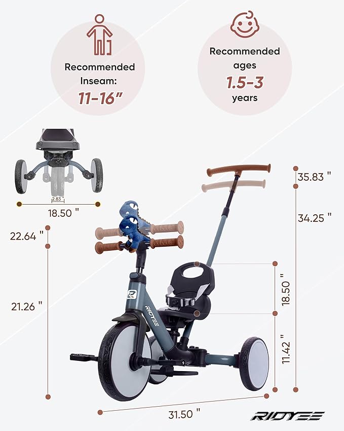 5-in-1 Toddler Tricycle for Ages 1.5–3, Parent Steering Push Trike, Tool-Free Convertible to Balance Bike, Safety Belt, Removable Backrest and Footrest, Ride-On Toy for Boys & Girls, Grey