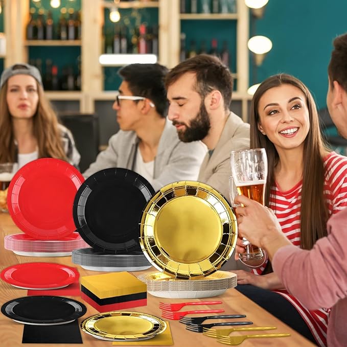 96PCS Red Black and Gold Paper Plates Napkins and Forks Black Red Metallic Gold Birthday Party Disposable Supplies Casino Theme Tableware Set for Poker Las Vegas Game Movie Night Party Decorations