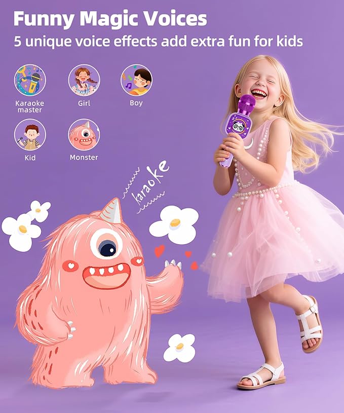 Bluetooth Karaoke Microphone Toy for Kids - Mini Portable Speaker with LED Lights, Wireless Pairing (TWS) for Duet Singing, Christmas Birthday Gift Toys for Boys & Girls Ages 2-12 (purple - 1)