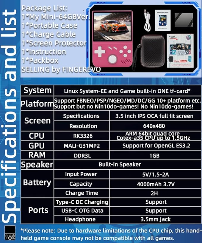My Mini Handheld Game Console 3.5-in 640*480 IPS OCA Screen RK3326 4000mAh mymini with Portable Case Pink-64GBVer.