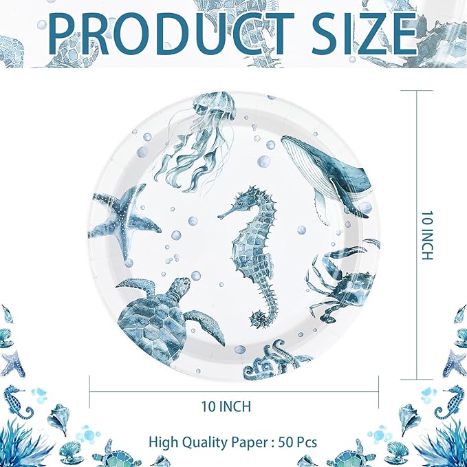 50Pcs Coastal Paper Plates 10 Inch Large Heavy Duty Seahorse Starfish Seashell Platters Blue Ocean Jellyfish Themed Plates for Winter Xmas Beach Holiday Birthday Lunch Dinner Supplies Decorations