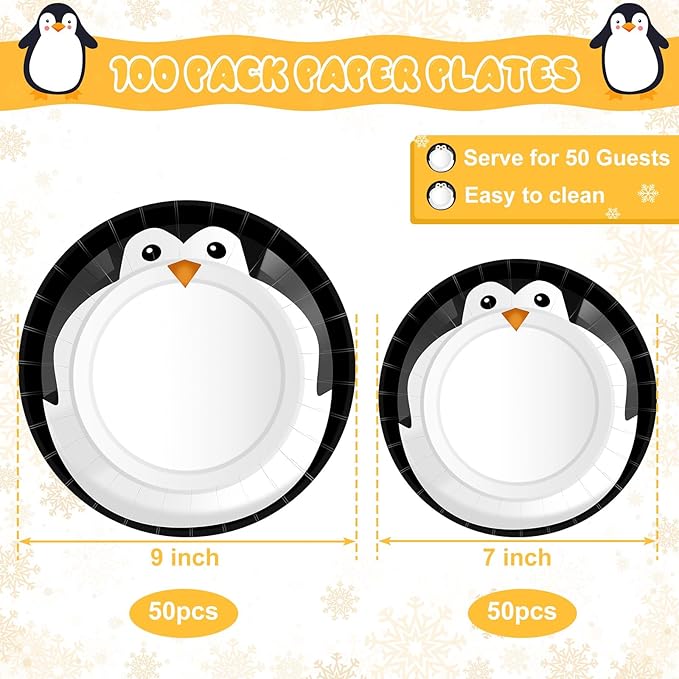 100 Pack Penguin Winter Paper Plates 9 Inch 7 Inch Round Disposable Dinner Dessert Plates Penguin Pattern Tableware Paper for Winter Party Supplies Holiday Dinner Birthday
