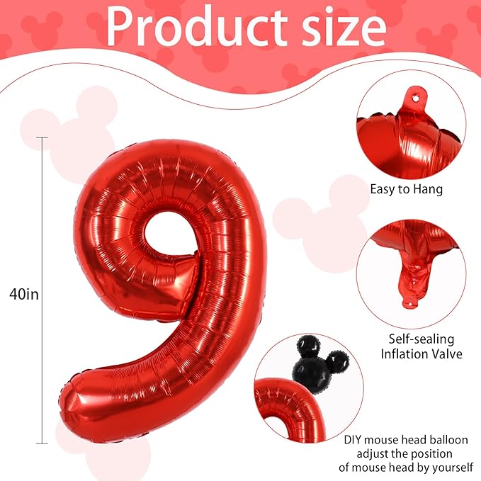 Vuzvuv 40 Inch Mouse Number Balloon No.9, Black Mouse Head Balloon and Red Giant Giant Number Nine Balloon for Birthday, Mouse Theme Party Supplies, Baby Shower,Anniversary Decoration