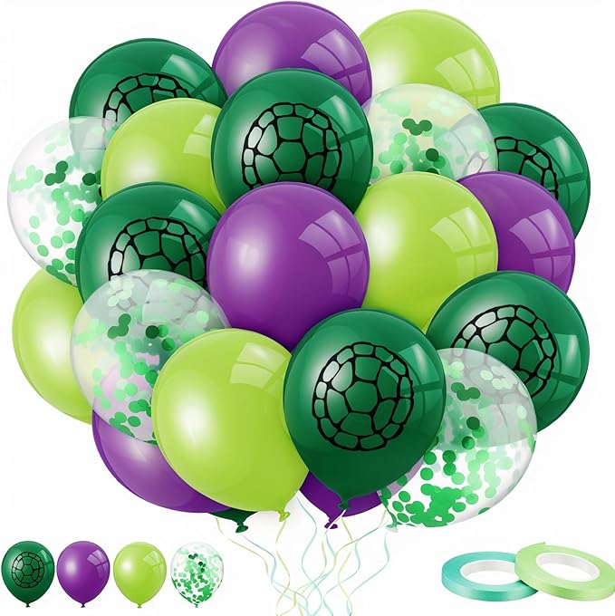 Skylety 45 Pcs Cartoon Turtles Birthday Balloon Decorations Purple Dark Green Turtle Print Balloon Decor for Birthday Party Supplies