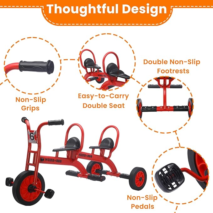 Kids Tricycle for Ages 3-8, Double Kids Trike Bike, Preschool Daycare Outdoor Tandem Bike with Airless Rubber Tires, Two-Seater and Non-Slip Pedals, Gift for Boys and Girls