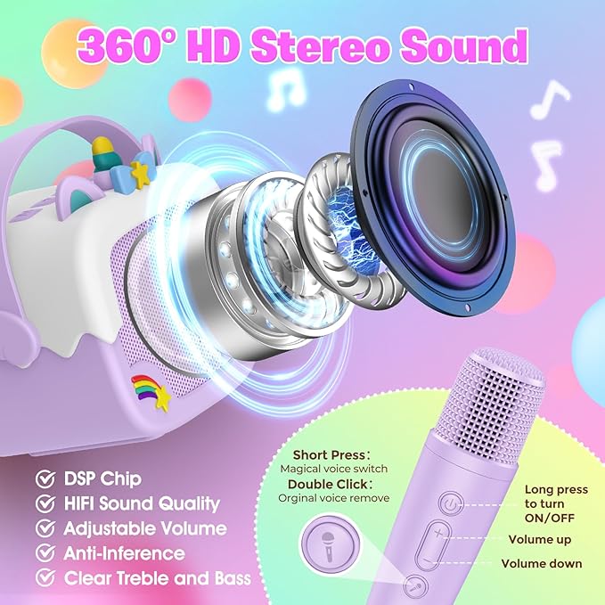 Mini Karaoke Machine for Kids Girls: Unicorn Portable Bluetooth Speakers with 2 Wireless Mic Toys for Girls Age 4-6 7 8 9 Years Old Girl Easter Birthday Gifts for 5 6 7 8 9 10 11 Years Teens Purple