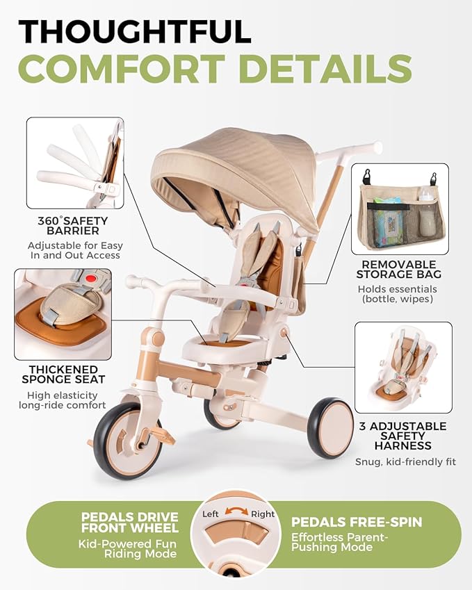 7-in-1 Tricycle for Toddlers 1-3 Years, Foldable Baby Trike Stroller with Steering Push Handle, Gift for Boys Girls 12 Months to 6 Years- Brown