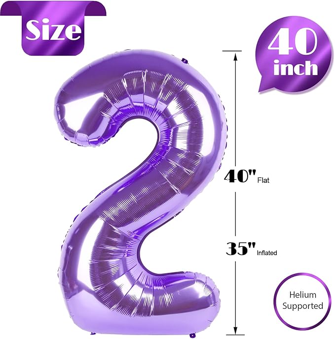 Purple 2 Balloon, Number Balloon 40 Inch, Two Balloon Number Birthday Decorations, Second 2nd Birthday Party Supplies, Number 2 Balloon