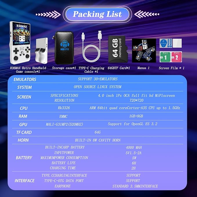R36MAX 4000mAh Portable Rechargeable Handheld Retro Game Console,Comfort Non-Slip Handheld Standing Retro Game Console with 64G TF Car,4.0-inch Screen,for Office,White