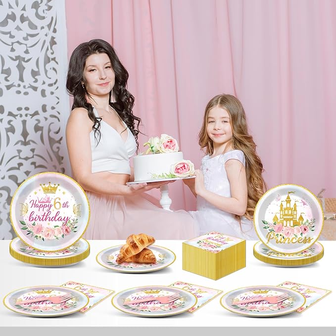 96PCS Princess 6th Birthday Party Plates and Napkins and Forks Set for Princess Party Pastel Castle Dessert Plates Disposable Decor Pink Gold Tableware Set for 6th Theme Party Favors Decorations