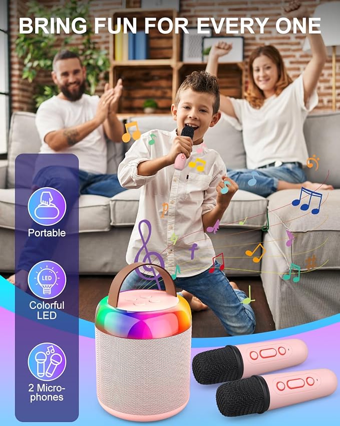 Mini Party Karaoke Machine Toy for Kids Audlts, Portable Led Karaoke Toy Speaker with 2 Wireless Microphones for Girls Boys Birthday, Holiday Stocking Stuffer Party Favors Supplies