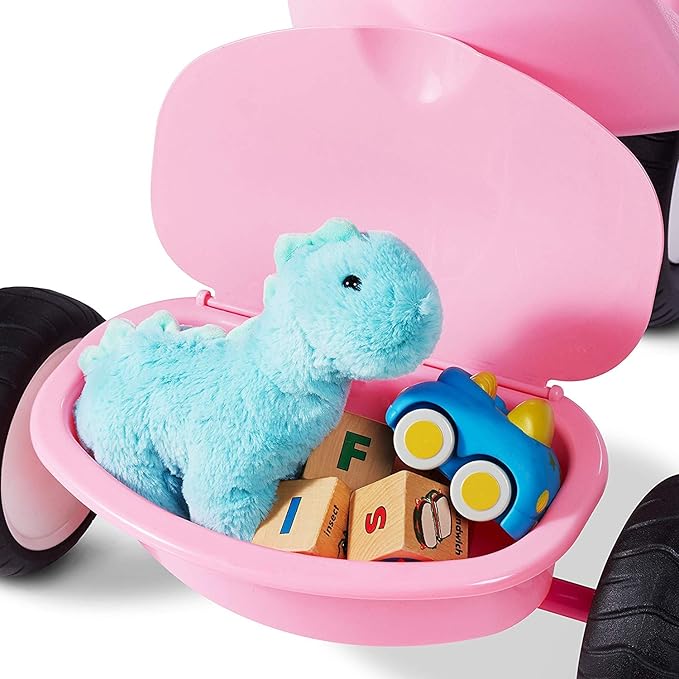 Radio Flyer Deluxe Steer & Stroll Trike, Pink, for Kids 2-5, 2-in-1 Parent Steer Tricycle Removable Push Handle Adjustable Seat Steel Frame Covered Storage Bin Tricycle for Toddlers and Kids.