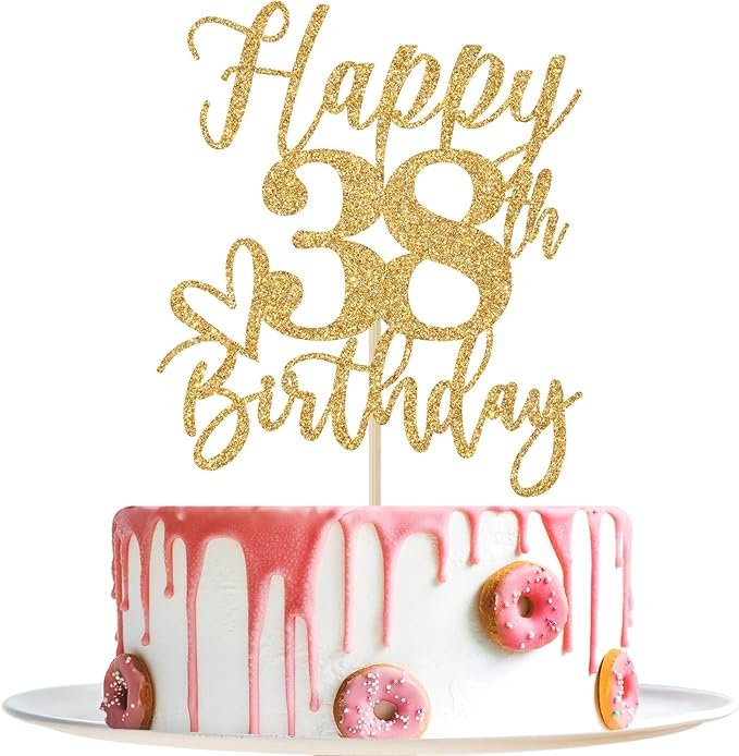 Happy 38th Birthday Cake Topper, 38th Birthday Decorations, Cheers to 38 Years, 38 Happy Birthday Party Supplies Gold Glitter