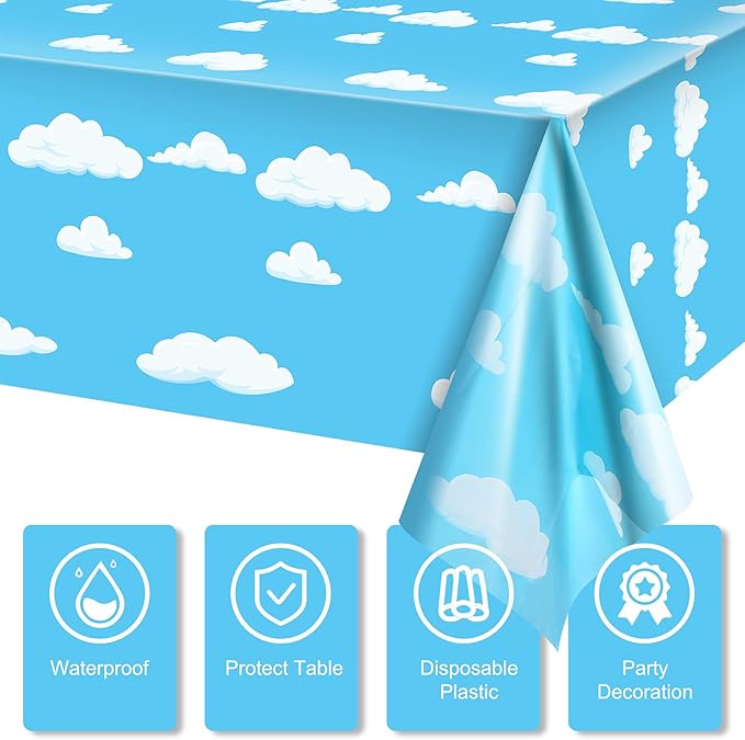 Tatuo Blue Sky White Clouds Birthday Party Supplies Cartoon Story Tablecloth Party Table Cover Cartoon Table Banner for Birthday Decorations, 54 x 108 Inch(3 Pieces)