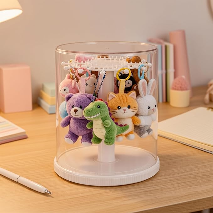 Rotating Display Case, 360° Clear Doll Display Stand, Blind Box Showcase for 6.7” Plush Dolls, Dustproof Collectible Toy Storage Organizer for Figurines, Keychain, Miniature, Jewelry (White)
