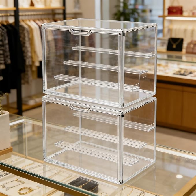 Clear Acrylic Display Case for Collectibles Storage Box 4 Tiers Stackable Showcase with 3 Movable Plates,Magnetic Door for Action Figures Mini Potted Plants Blind Box (2 Packs,XL,14.2"x 8.7"x 10.6")