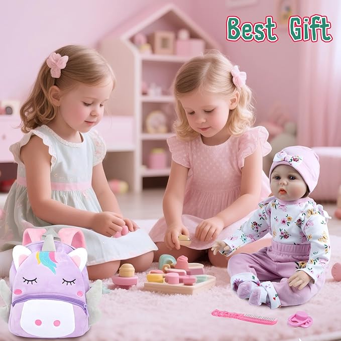 Reborn Baby Dolls Clothes Girl Purple Flower Outfit Accessories 12 Pcs for 17-22 Inches Reborn Doll Newborn Girl with Purple Unicorn Backpack