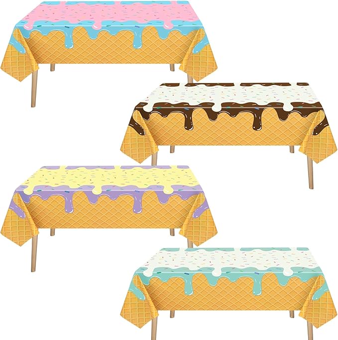 Ice Cream Party Supplies, 4 Pack Ice Cream Disposable Tablecloth 54 x 108 in Waterproof Plastic Rectangular Table Cover for Birthday, Summer Party, Baby Shower, Sweet Dessert