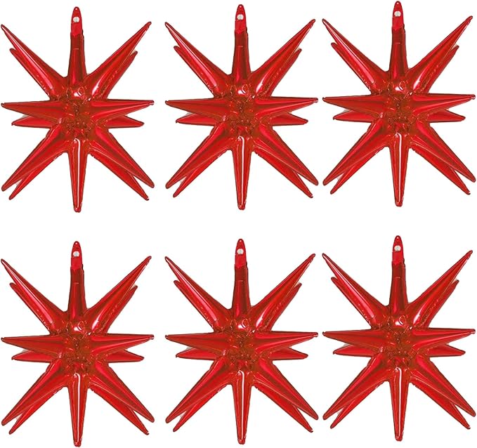 6 Pcs Red Star Foil Balloons One-Piece 14-Pointed Star Balloon 4D Cone Mylar 22inch Christmas Birthday Wedding Fireworks Shape Party Supplies (Red)
