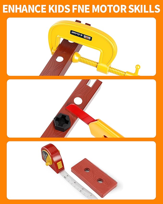Deejoy Kids Tool Set with Electronic Toy Drill & Construction Vest - Pretend Play Toys for 3 4 5 6 Year Old Boys, ABS Plastic Repair Toolkit with Large Storage Box(Orange)