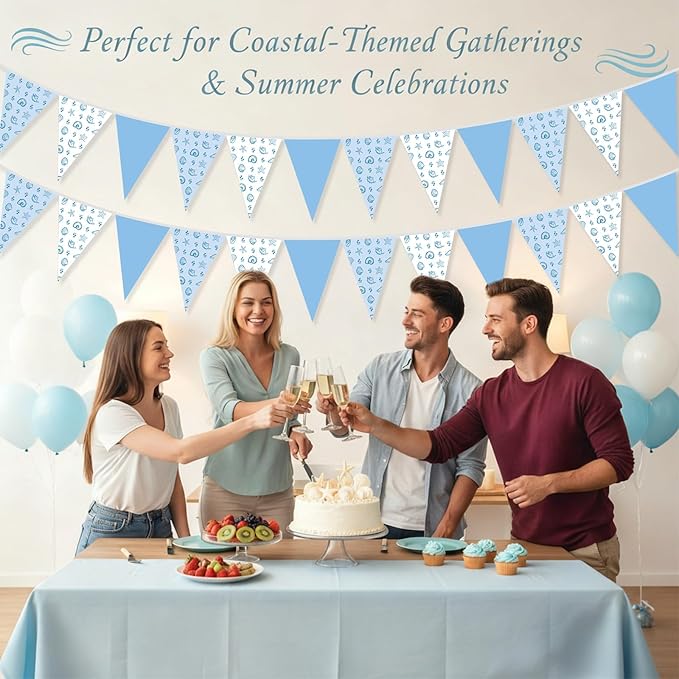 Jetec 5 Pcs 49 Ft Coastal Paper Pennant Banner Garland Nautical Blue and White Bunting Flags Coastal Bachelorette Decorations for Beach Wedding, Baby Shower, Summer Birthday, Indoor Outdoor Decor
