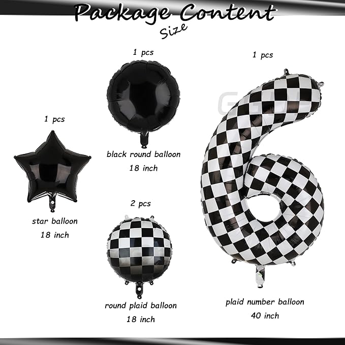 40 Inch Checkered Number Balloon 6 Black and White Race Car Birthday Balloons Baby Hippie Smile Party Shower Boys 6th Birthday Race Car Theme Party Decor Supplies 5 Pcs