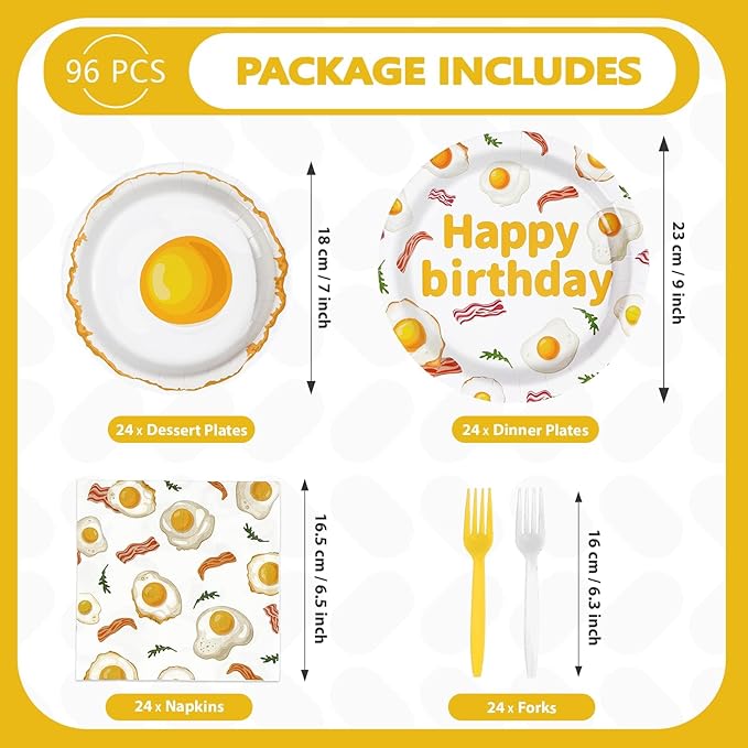 96Pcs Breakfast Birthday Decorations Bacon Fried Egg Plates and Napkins Xmas Brunch Theme Birthday Decoration Favors for Kids Adults Bday Baby Shower BBQ Picnic Holiday Party Supplies Serves 24