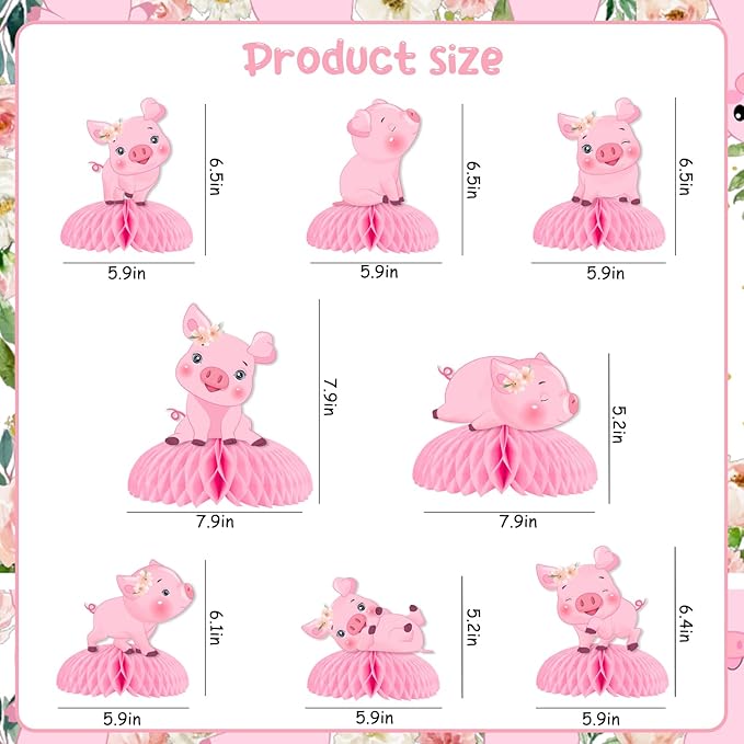 JOYMEMO 8 Pieces Pig Honeycomb Centerpieces for Tables - Pink Piggy Theme Birthday Decorations Girls, Pig Farm Animal Table Table Toppers for Barnyard Farmhouse Birthday Baby Shower Party Supplies
