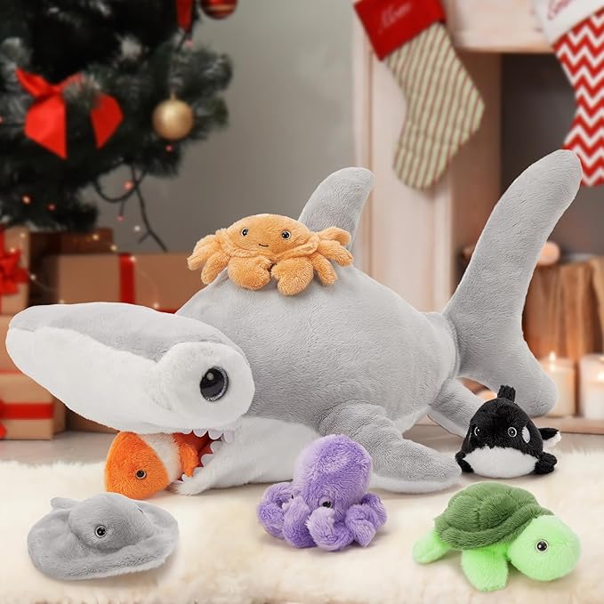 MaoGoLan 7 Pcs Soft Shark Stuffed Animal with 6 Sea Animal Plushies in Belly, Plush Hammerhead Shark Ocean Toys Set for Kids Girls Under The Sea Party Favor Decorations Gifts Christmas