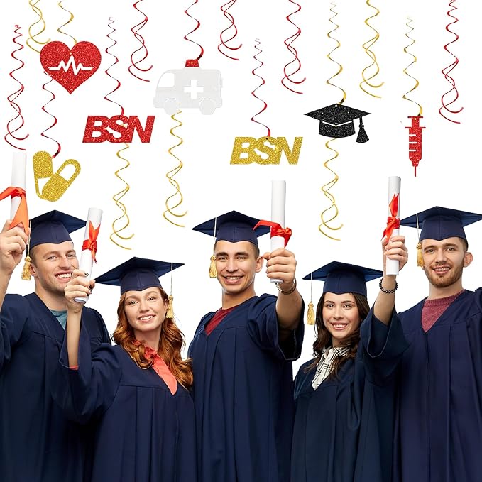 Maicaiffe BSN Graduation Hanging Swirl Decorations - 19 Pcs Congrats Nurse Party Supplies - Future RN Streamers - Medical Nursing School Graduation Foil Swirls Ceiling Decorations