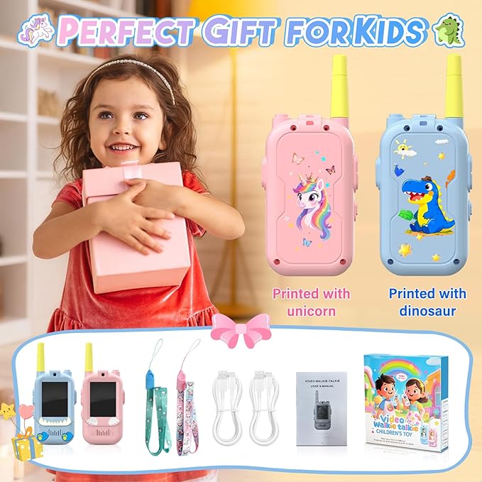 Video Walkie Talkies for Kids,ELFEYE Handheld Rechargeable Video/Voice Call Children Walkies Talkies,Toddler Toy for Indoor Outdoor Games,Camping Hiking,Gift for Kids Ages 3-12 (Blue/Pink)