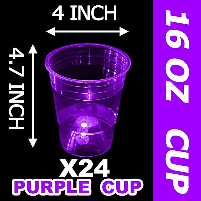 mishunyus 24 Pack Party Cups, Purple Glow Colored Plastic Cups, 16-Ounce Plastic Party Cups, Strong and Sturdy for Party Supplies