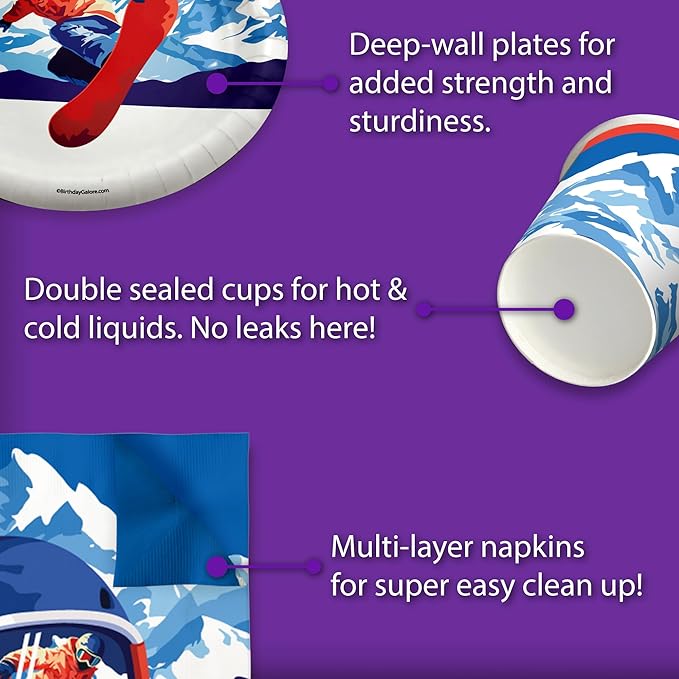 Snowboarding Birthday Party Supplies Set Plates Napkins Cups Tableware Kit for 16