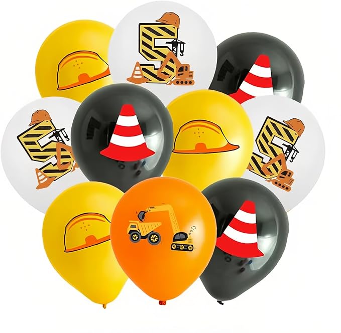 Yellow Black White 5th Birthday Balloons for Boys Girls 5th Birthday Party Decorations, 12inch 12pcs Construction Happy 5th Birthday Balloons Party Balloons for Boys Girls Construction Theme Party